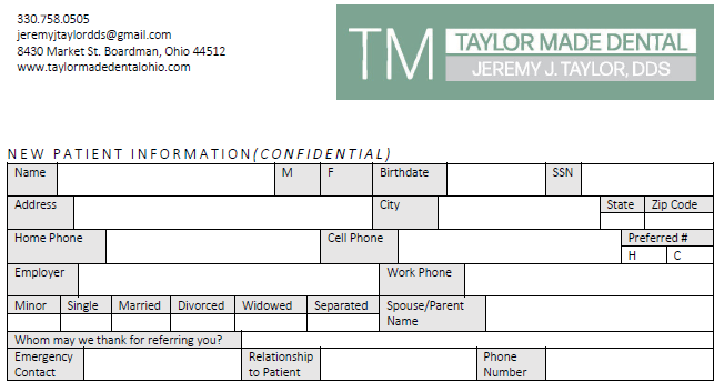 Taylor Made Dental New Patient Form Image